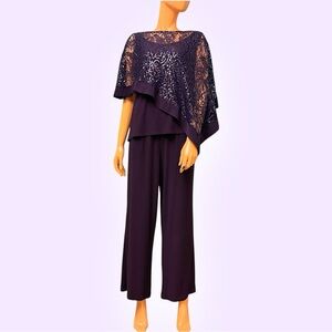 R&M RICHARDS Lace and Sequin Poncho Pantsuit